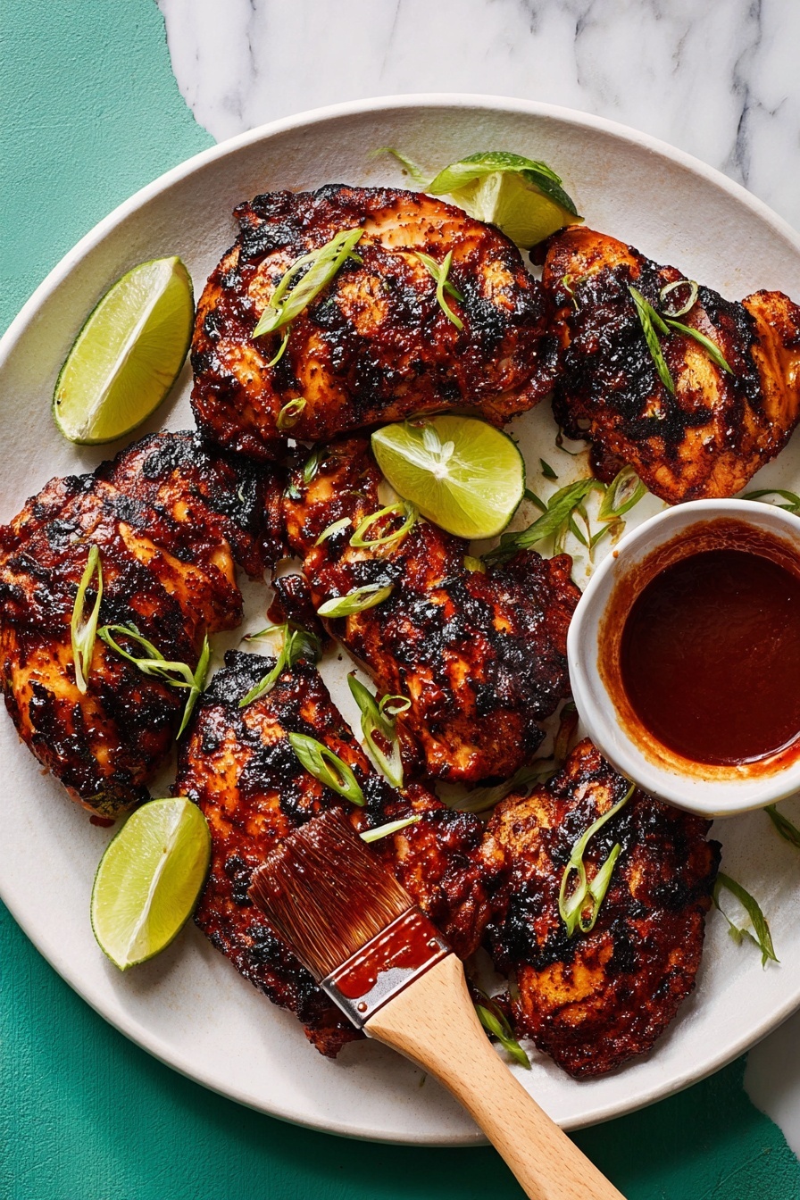 A white round plate filled with seven grilled chicken pieces showing dark brown and slightly blackened char marks with a reddish glaze on them. The chicken pieces are arranged overlapping each other. Scattered on top are small green onion slices and there are two light green lime wedges placed in the middle of the plate. A wooden brush with red sauce on its bristles is touching one chicken piece on the lower right side of the plate. The plate is set on a bright blue surface. Photo taken with an iphone --ar 2:3 --v 7