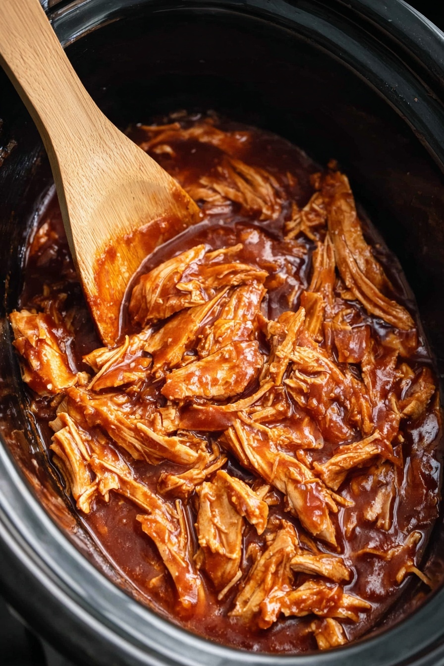 The image shows a close-up of shredded cooked chicken covered in thick, dark reddish-brown barbecue sauce inside a black slow cooker. The chicken pieces are uneven in size and texture, some long and stringy, others chunkier, all fully coated with the glossy sauce. A wooden spoon is partially submerged, scooping up some of the saucy chicken from the center-right, with the smooth texture of the spoon contrasting the fibrous chicken strands. The background is a white marbled texture. photo taken with an iphone --ar 2:3 --v 7