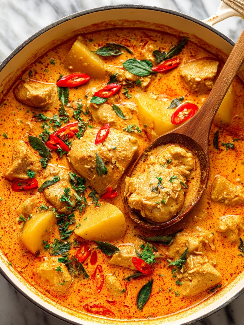 A white bowl on a white marbled surface shows a dish with two main layers: on the right, a fluffy layer of white rice, and on the left, a creamy orange curry with pieces of meat and red bell pepper strips mixed with visible green herbs. A fresh green cilantro sprig rests on top of the rice. The bowl is near some loose cilantro leaves and a second bowl with similar curry peeks from the top right corner. Photo taken with an iphone --ar 2:3 --v 7