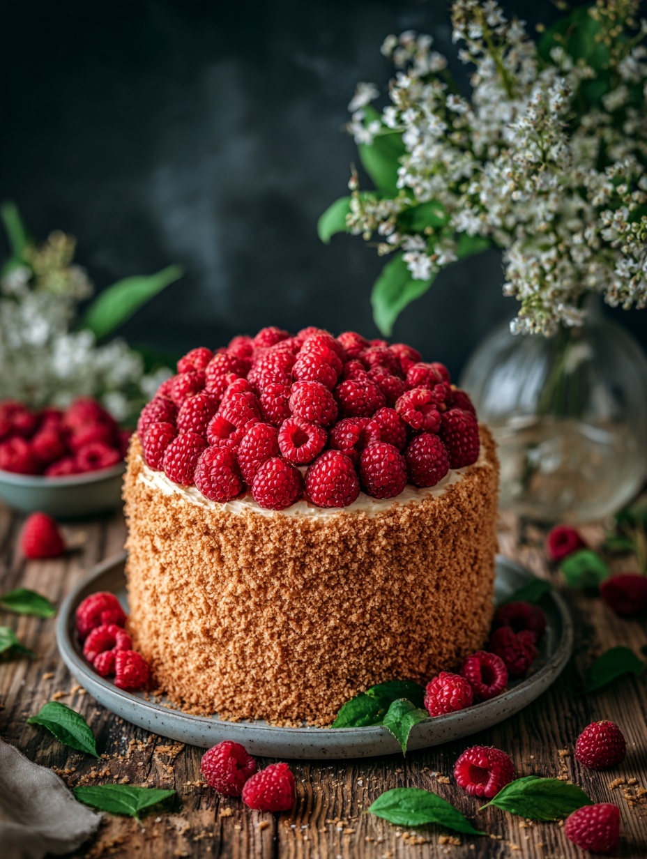 A tall round cake stands on a dark wooden plate, covered fully in a rough, crumbly golden-brown coating. The top of the cake is crowded with fresh, deep red raspberries, creating a rich textured dome. Around the base, some crumbs have fallen onto the wooden surface, along with scattered fresh raspberries. Several green leaves and a red rose lie nearby on a white marbled textured surface, adding a natural touch. The background is dark, with a glass vase holding small white flowers visible to the side. Photo taken with an iphone --ar 2:3 --v 7