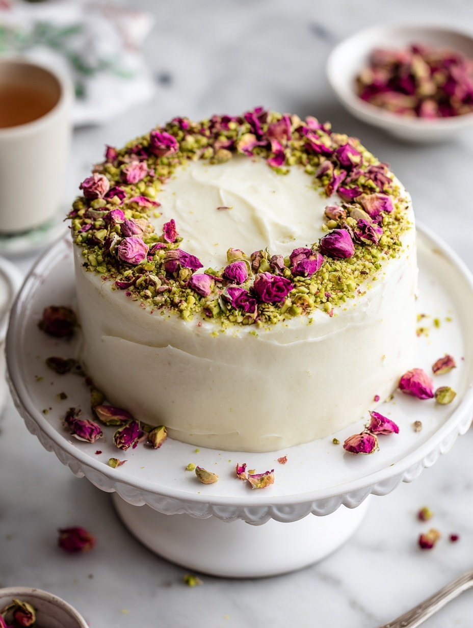 A small round cake with a smooth white icing covers the top and sides evenly. Around the top edge, there is a ring of small dried pink rosebuds and purple rose petals mixed with bits of green crushed pistachios, creating a colorful border. The cake sits on a white scalloped cake stand, with some crushed pistachios and rose petals scattered around it on the white marbled surface. In the foreground, a few out-of-focus pink flowers add a soft touch to the image. photo taken with an iphone --ar 2:3 --v 7