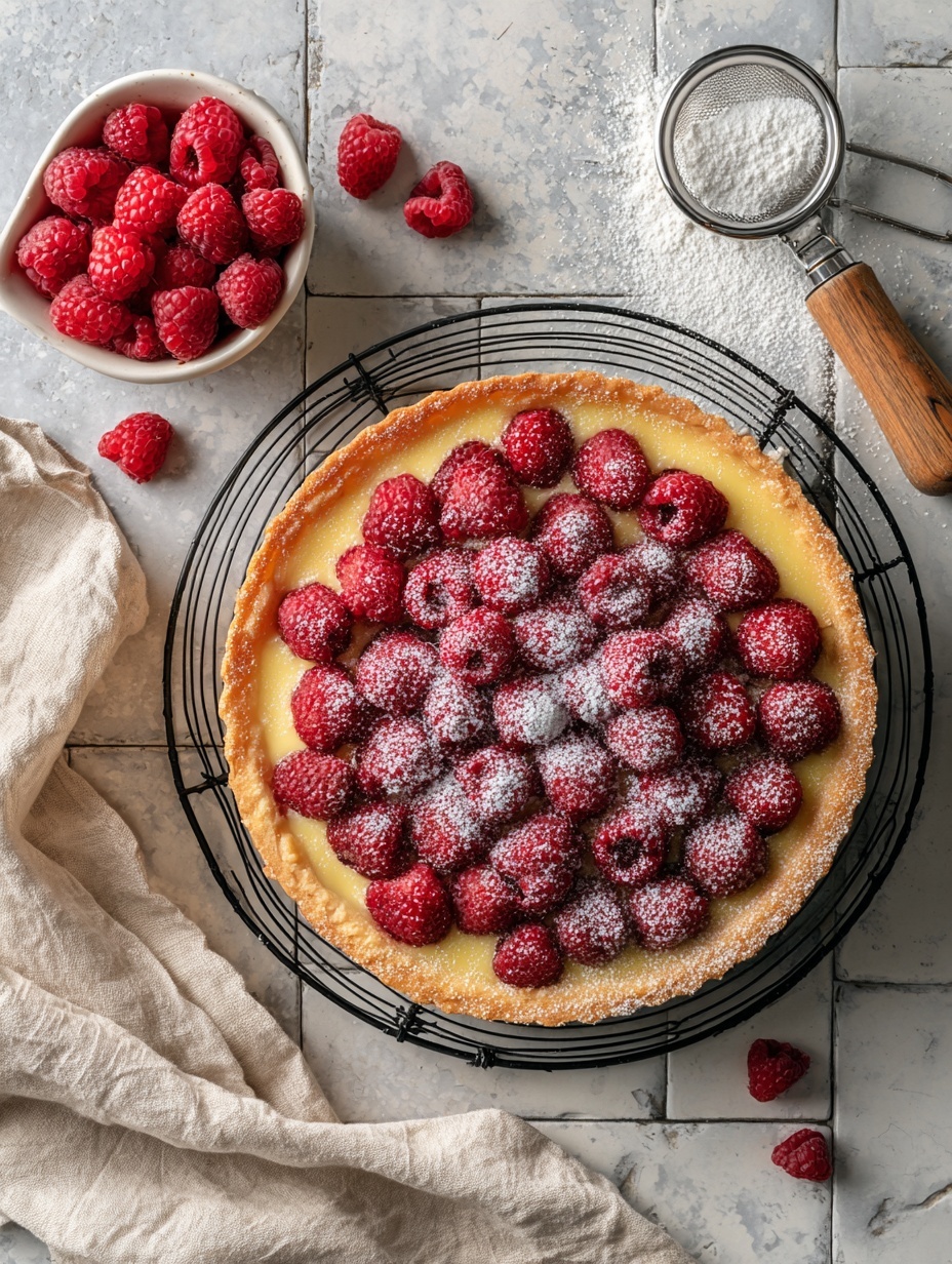 The image shows a raspberry tart with two layers; the bottom layer is a golden-brown crust that is thick and slightly textured, and the top layer is a dense layer of red raspberries dusted with white powdered sugar, evenly covering the surface of the tart. One slice has been removed and placed on a white plate with a dotted beige rim, revealing the smooth edge of the crust and the arrangement of raspberries on top. There is a second identical slice on another plate nearby. The tart sits on a black wire cooling rack over a white marbled tiled surface, with loose raspberries and a small white bowl full of raspberries scattered around. A rustic metal sieve with a wooden handle and some powdered sugar is positioned to the left. photo taken with an iphone --ar 2:3 --v 7