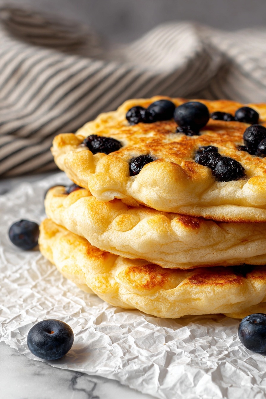 The image shows three round, fluffy small cakes with a light golden-brown color. Each cake has a slightly bumpy surface and is dotted with whole dark purple blueberries spread unevenly on top. The cakes look soft and airy, with some golden edges that add a crispy texture. The background is a wooden surface with a few loose blueberries scattered around. photo taken with an iphone --ar 2:3 --v 7