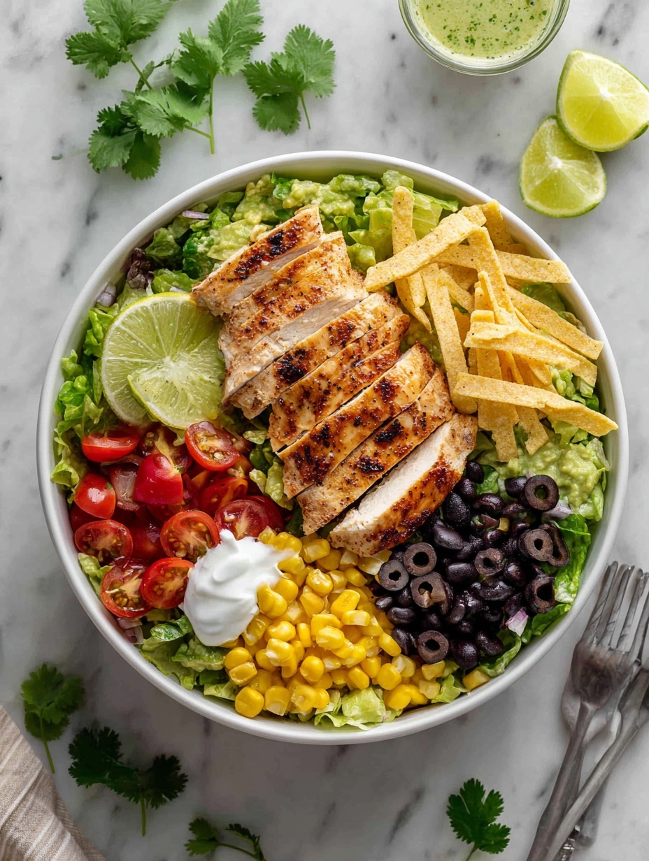 A white bowl sits on a white marbled surface, filled with a colorful layered salad. At the center, there are five slices of grilled chicken with a golden-brown color and slightly charred texture. Surrounding the chicken are layers of bright yellow corn, dark black beans, and green lettuce. Cherry red tomatoes and black olive slices are placed around the edges. Thin strips of light beige tortilla chips are scattered on top, alongside fresh green cilantro leaves and a dollop of white sour cream near the chicken. A wedge of lime is positioned on the right side of the bowl. In the background, a small white bowl with green sauce is partly visible. Photo taken with an iphone --ar 2:3 --v 7