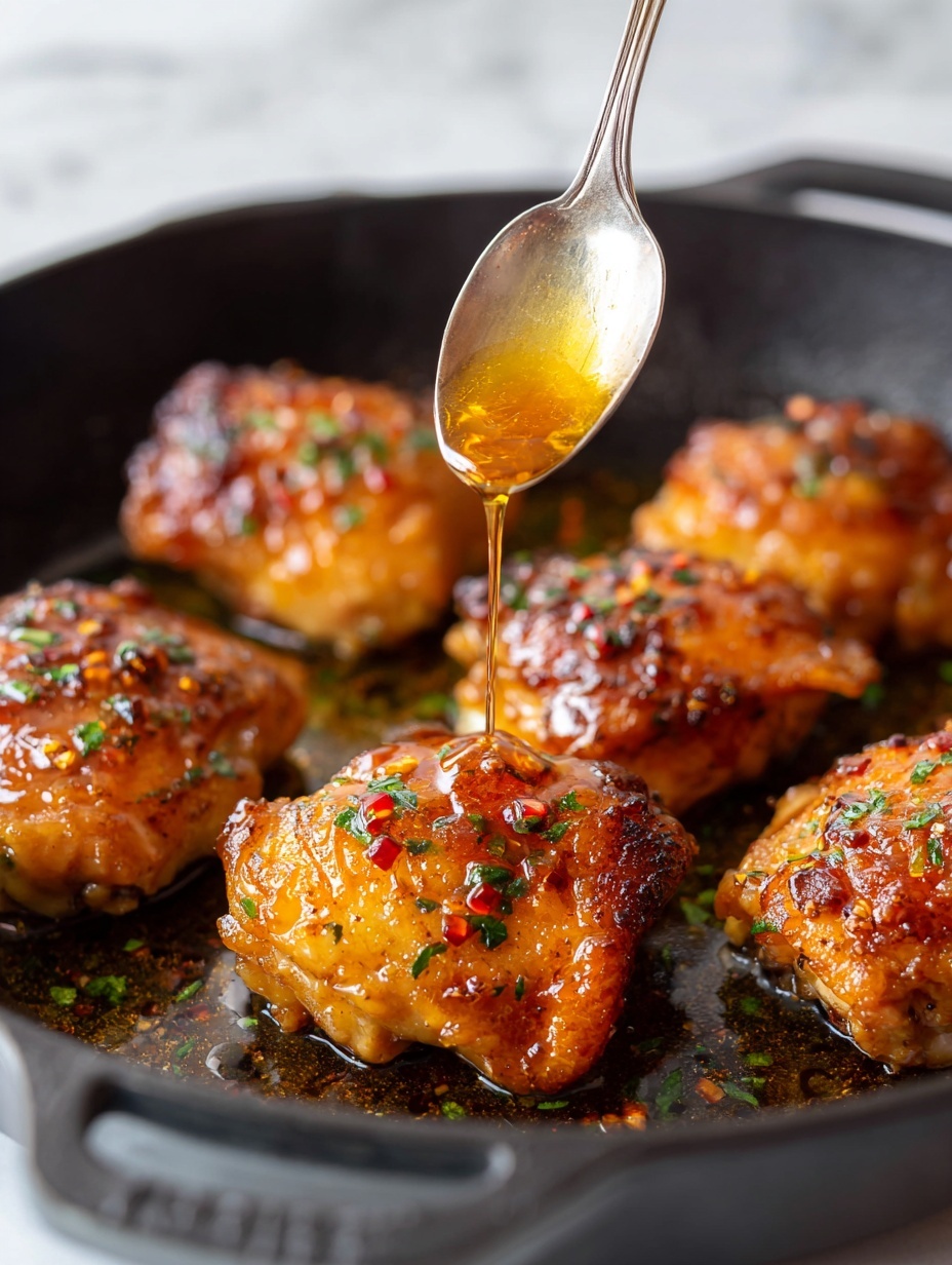 The image shows a close-up of several golden brown pieces of cooked chicken in a black pan. Each piece is shiny with a sticky glaze, sprinkled with small green herb flakes and red chili flakes. A spoon held by a woman's hand is pouring a thick, amber-colored sauce over the chicken, adding a glossy texture to the surface. The pan's dark background makes the chicken's rich color stand out, and the overall scene looks warm and inviting, with light reflecting softly off the sauce. photo taken with an iphone --ar 2:3 --v 7