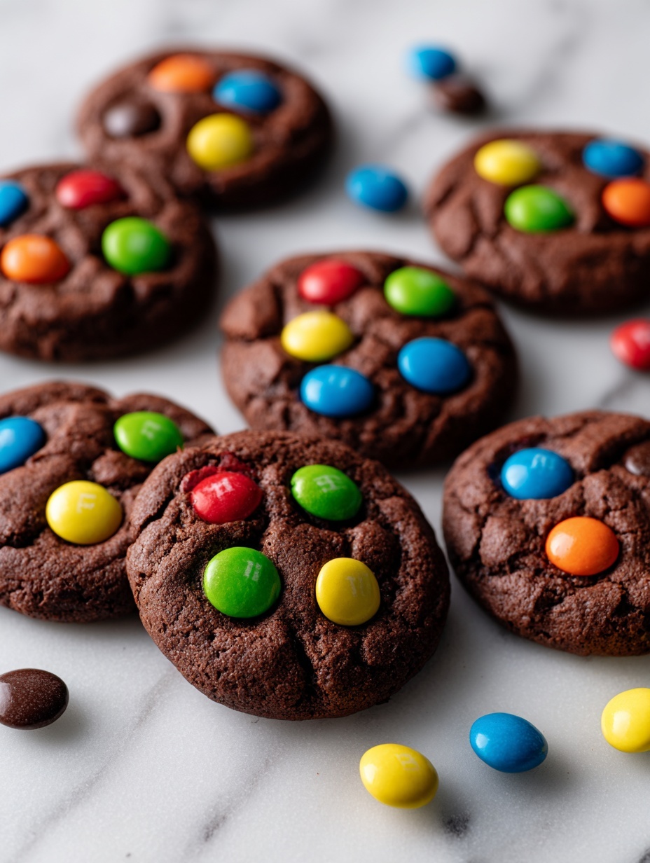 The image shows several round, thick dark brown chocolate cookies laid out closely on a white marbled surface. Each cookie has colorful candy-coated chocolate pieces scattered on the top, with colors including bright red, blue, green, yellow, and orange. The cookies have a slightly cracked texture with the candies embedded but still visible on the surface. Some candies have small colored stains around them from slight melting. A few loose candies are scattered around the cookies on the surface. photo taken with an iphone --ar 2:3 --v 7