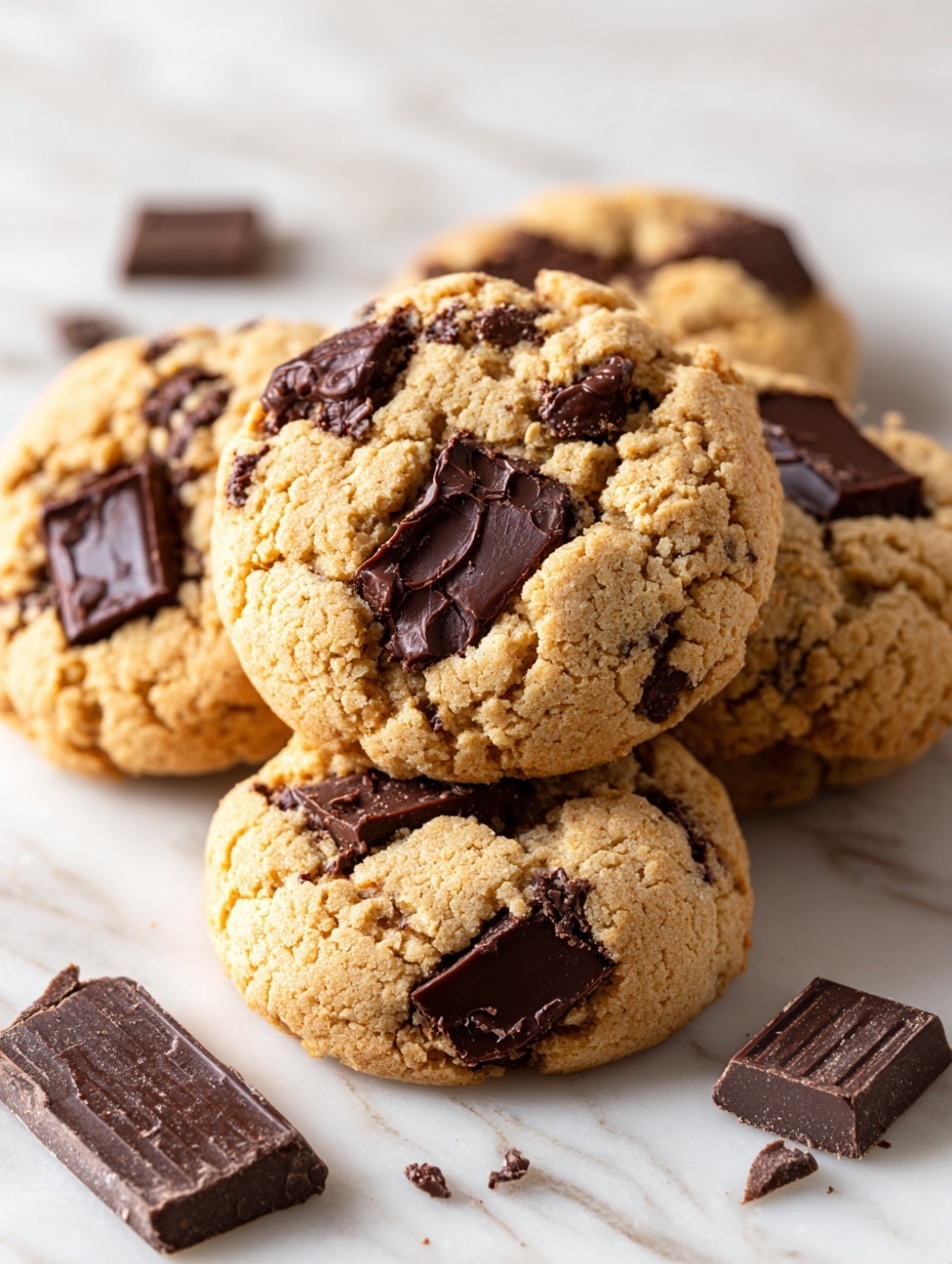 A close-up photo shows a stack of three thick chocolate chip cookies on a wooden surface with chocolate chunks scattered around. The bottom cookie is whole, light golden with dark brown chocolate chips visible all around. The middle and top cookies are broken in half, showing soft, rich melted dark chocolate inside. The cookie dough looks soft and crumbly with a warm tone. The background is blurry with more cookies. photo taken with an iphone --ar 2:3 --v 7