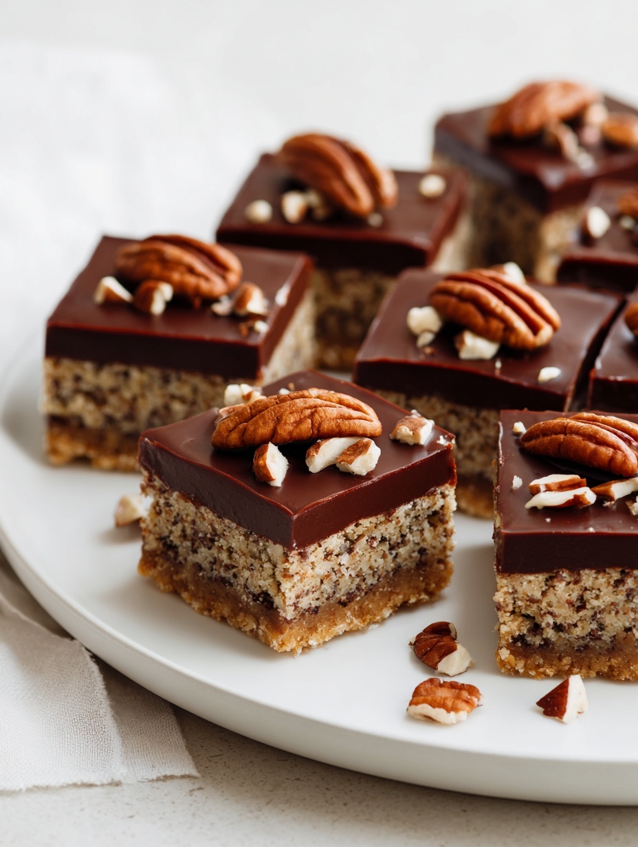 The image shows a square pan filled with a layered dessert cut into small squares. The bottom layer is a light brown, crumbly base with small chunks visible inside. The top layer is a smooth, shiny dark chocolate coating evenly spread over the base. On top of the chocolate layer, there are whole and chopped pecan nuts scattered, adding texture and a rich brown color contrast. The pan is white, and the background has a white marbled texture. photo taken with an iphone --ar 2:3 --v 7