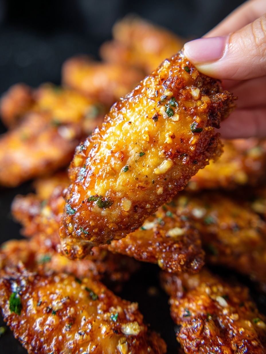 A close-up image of one crispy golden brown fried chicken wing held by a woman's hand in the foreground, showing a textured surface with small bits of white garlic and green herbs sprinkled on top. In the blurred background, there is a pile of similar chicken wings with a crunchy coating, all resting on a black surface. The lighting highlights the crunchiness and slight shine of the garlic and seasoning on the chicken wing's skin. photo taken with an iphone --ar 2:3 --v 7