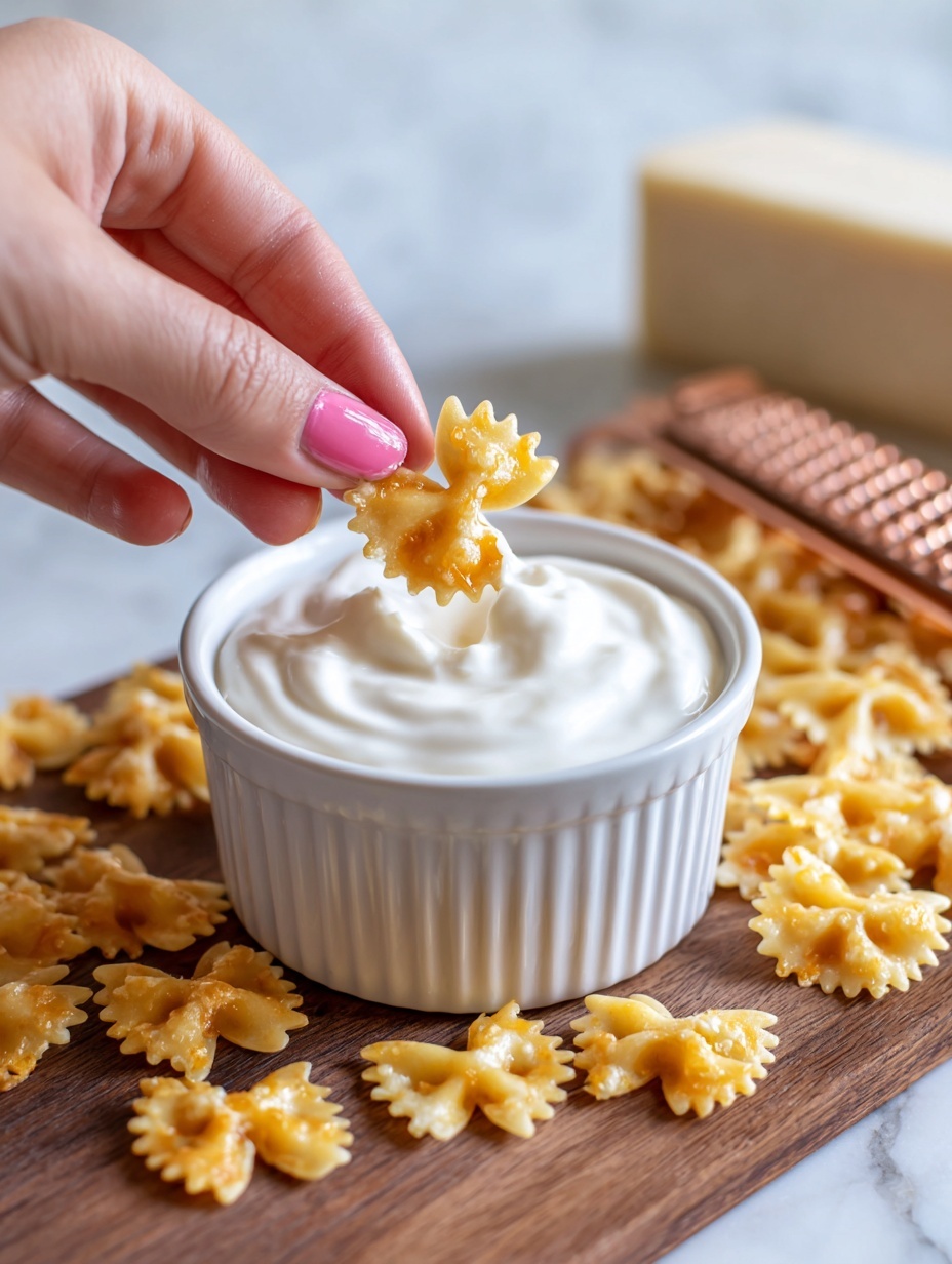 A close-up image showing a woman's hand with bright pink painted nails holding a crispy, golden snack stick dipped into a small white bowl filled with thick, creamy white sauce. The bowl and snack are placed on a wooden surface, surrounded by scattered golden snack sticks. In the background, there is a white cheese block and a rose gold metal grater. The whole scene is set against a white marbled texture. photo taken with an iphone --ar 2:3 --v 7