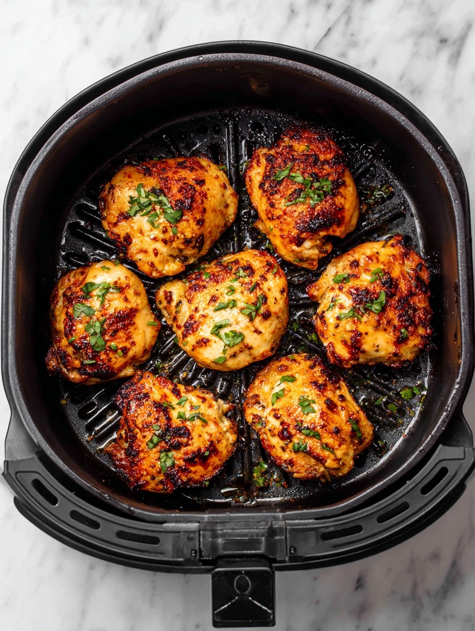 In a black air fryer basket, there are eight cooked pieces of chicken thighs with a golden-brown color and a slightly crispy texture, scattered evenly and garnished with small pieces of fresh green cilantro. The dark basket contrasts with the bright chicken, and the edges show some light charring and oil glistening with cooked juices. The background is a white marbled texture. photo taken with an iphone --ar 2:3 --v 7