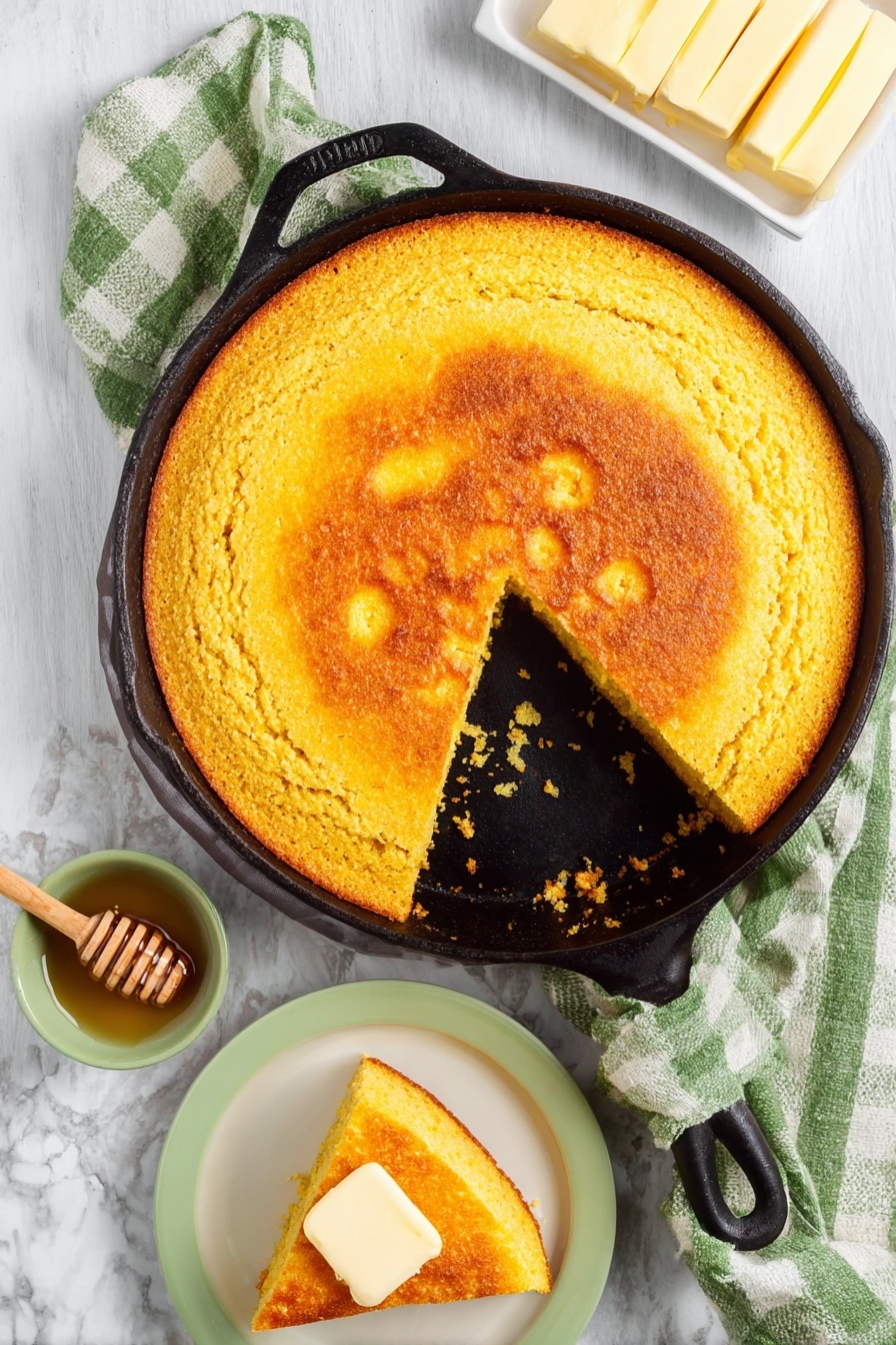 A golden cornbread with a crisp edge sits in a black cast iron skillet, with one triangular slice removed from the center, showing its soft and slightly crumbly texture. The top surface is evenly browned with darker spots in the middle, giving it a warm, baked look. The skillet rests on a white marbled surface, near a green and white checkered cloth, a small white rectangular plate holding pats of yellow butter, a white plate with a slice of cornbread topped with a butter piece, and a small green jar with a wooden honey dipper. photo taken with an iphone --ar 2:3 --v 7