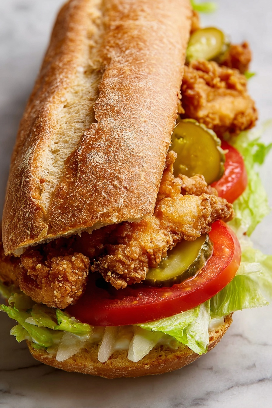 A shrimp po' boy sandwich is shown open on a white plate with a white marbled surface underneath. The sandwich has two sides: the left side has bright green shredded lettuce, several green pickle slices, and two thick, round, red tomato slices stacked on top. The right side shows a layer of creamy sauce spread on the bread, topped with a row of golden-brown fried shrimp with a crispy texture, arranged close together. In the background, there is a white plate with extra crispy fried shrimp and another white plate with more shredded lettuce, tomato slices, and pickle slices, and a small bowl filled with more creamy sauce with a spoon in it visible at the bottom right. A blue and white striped cloth is partly visible on the white marbled surface at the bottom left. photo taken with an iphone --ar 2:3 --v 7