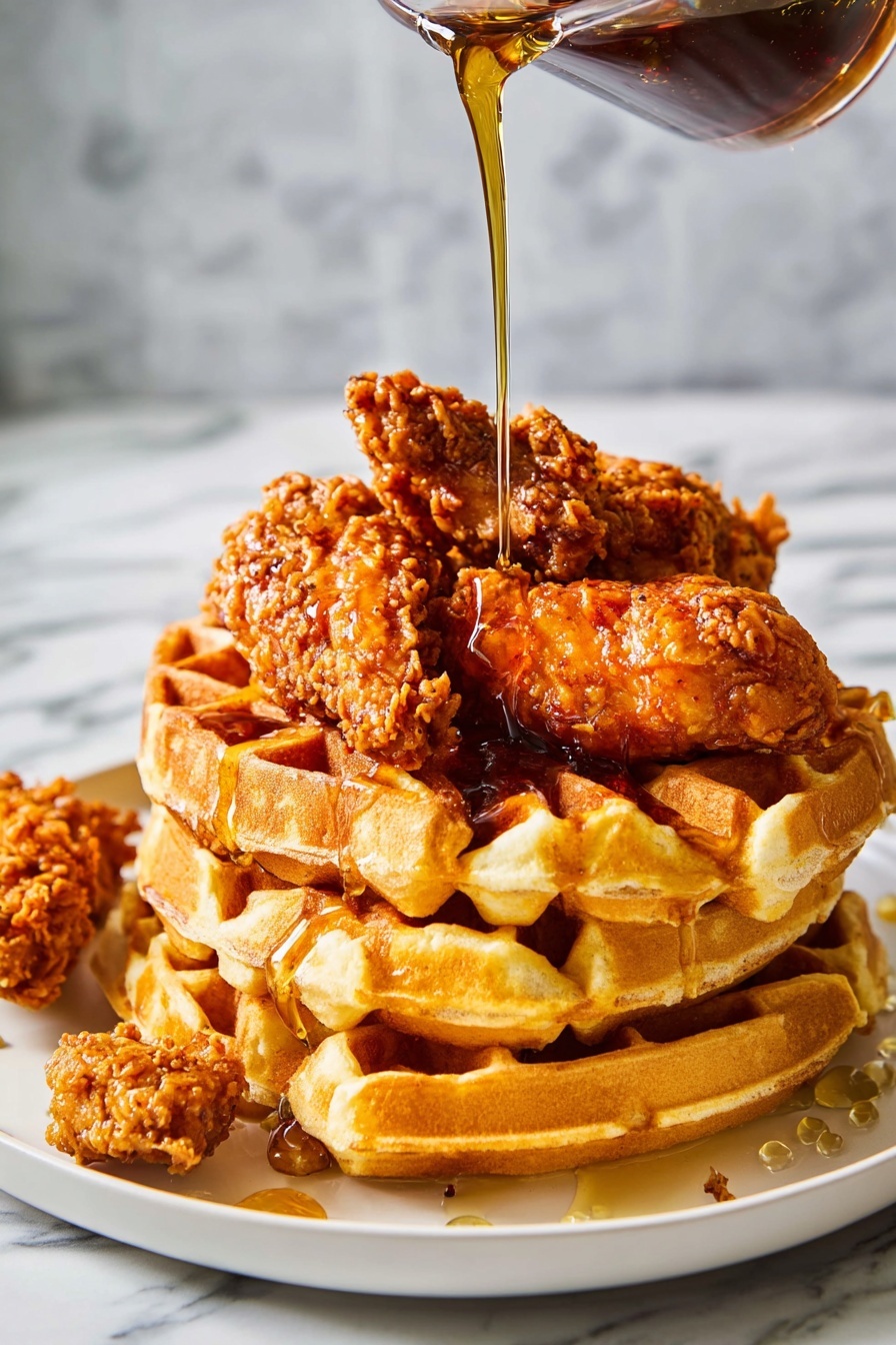 A stack of two golden brown waffles sits on a white plate on a white marbled surface. On top of the waffles, there are three crisp, crunchy fried chicken pieces with a textured coating showing small bits of seasoning. Syrup is being poured from above, flowing over the chicken and waffles, making them shiny and wet. A smaller piece of fried chicken lies to the side on the plate with syrup pooled around it. In the background, another white plate holds more waffles and fried chicken pieces. Photo taken with an iphone --ar 2:3 --v 7