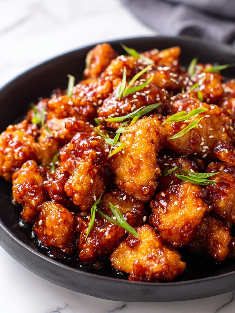 A black cast iron pan filled with many pieces of golden brown chicken coated in a shiny reddish-brown sauce, sprinkled with white sesame seeds and small green onion slices scattered on top, all sitting on a white marbled surface. photo taken with an iphone --ar 2:3 --v 7