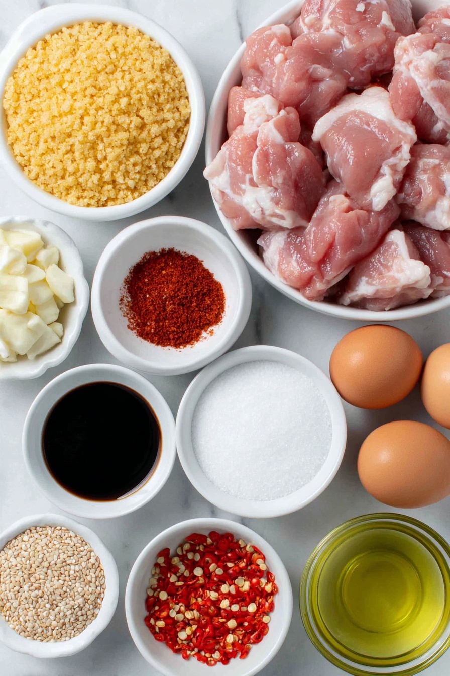 Flat lay of fresh raw chicken thigh pieces, a small mound of fine white corn starch, a few peeled garlic cloves, a chunk of fresh ginger root with some minced ginger beside it, a small white ceramic bowl filled with dark soy sauce, another small white bowl containing golden rice vinegar, a white bowl with thick dark hoisin sauce, a small white bowl of granulated white sugar, a small white bowl of cold clear water, a pinch of red pepper flakes arranged neatly, a few loose sesame seeds on the surface, and a small white bowl holding light golden extra light olive oil, all placed on a clean white marble surface, soft natural light, photo taken with an iPhone, professional food photography style, fresh ingredients, white ceramic bowls, no bottles, no duplicates, no utensils, no packaging --ar 2:3 --v 7 --p m7354615311229779997
