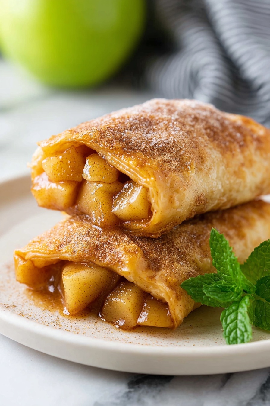 The image shows a white plate filled with seven rectangular fried pastry pieces, each coated with a light layer of sugar and cinnamon, giving a golden-brown, slightly grainy texture. The pastries have crimped, sealed edges creating a ridged pattern, and they are stacked unevenly, with some overlapping each other. On the side of the plate is a small white bowl filled with smooth caramel sauce, showing a glossy surface. A small sprig of green mint leaves is placed at the edge of the plate for garnish. The plate is set on a white marbled surface, with part of a green apple and a striped cloth visible in the blurred background. Photo taken with an iphone --ar 2:3 --v 7