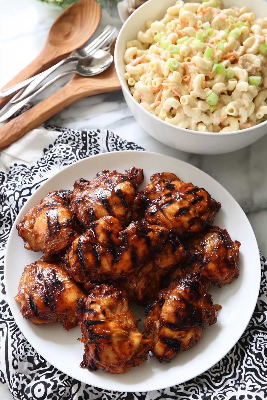 A white plate full of several pieces of grilled chicken thighs covered in shiny, caramel-colored barbecue sauce with grill marks visible on the surface. Next to it is a white bowl filled with creamy macaroni salad made of small elbow pasta mixed with mayonnaise or dressing and garnished with small chopped green onions on top. The dishes are placed on a black and white patterned cloth over a white marbled surface, with a wooden spoon and some green onions nearby. photo taken with an iphone --ar 2:3 --v 7