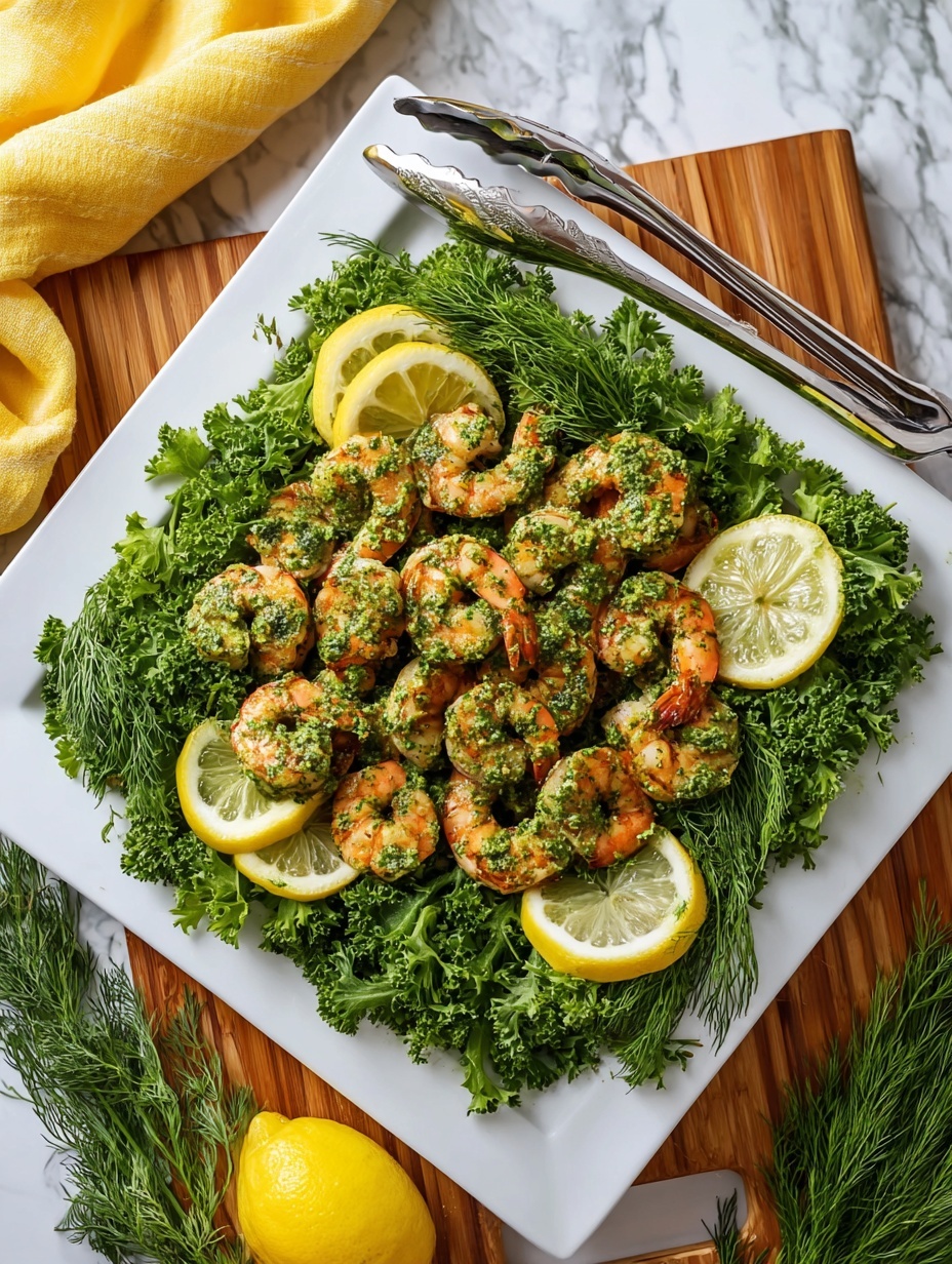 A white square plate filled with a bottom layer of fresh green leafy herbs that look like parsley and dill, giving a textured green base. On top, there is a large pile of cooked shrimp with a pink and light orange color, covered in a green herb sauce that adds a textured look. Four lemon wedges with bright yellow flesh and pale yellow rinds are placed evenly around the shrimp on the herbs. A pair of metal tongs rests on the left side of the plate. The plate is set on a wooden board with a rich brown color, which sits on top of a white marbled surface. A bright yellow cloth is draped next to the wooden board. Photo taken with an iphone --ar 2:3 --v 7