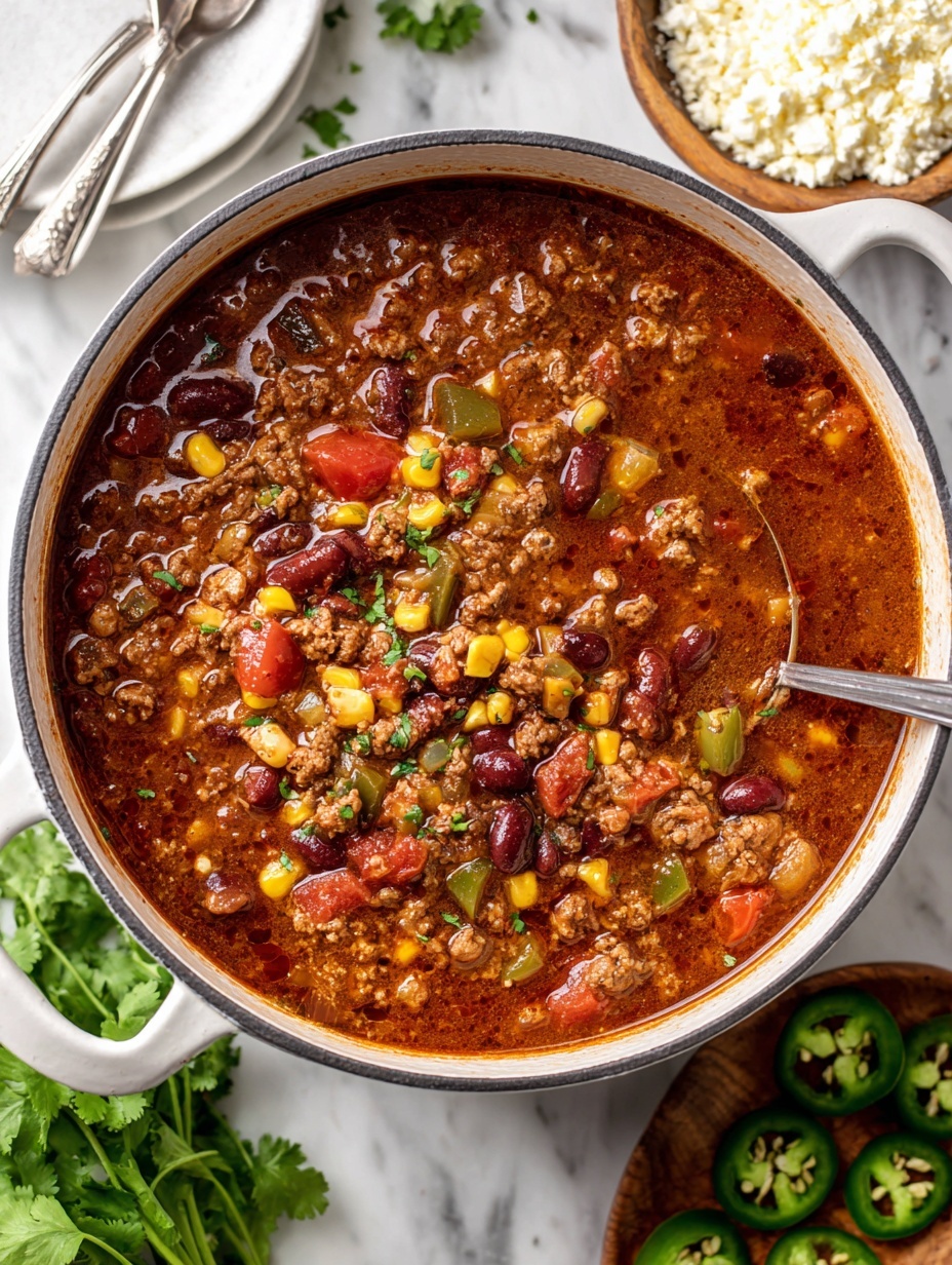 The image shows a white bowl filled with a thick, red tomato-based chili soup with visible black beans, corn, and pieces of ground meat. On top of the chili, there is a layer of shredded orange cheddar cheese, followed by a dollop of white sour cream. Next to the sour cream are bright green chunks of avocado and several yellow corn chips. Small green cilantro leaves are scattered over the top for garnish. The bowl sits on a white marbled surface with a white cloth draped around it. Photo taken with an iphone --ar 2:3 --v 7