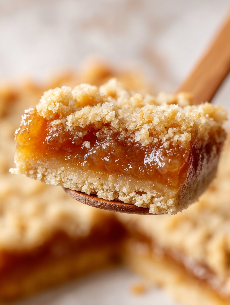 A close-up of a wooden spoon holding a scoop of a two-layer dessert: the bottom layer is crumbly and golden brown with a textured, baked look, while the top layer is glossy and light amber with a chunky, syrupy fruit topping that appears soft and juicy. The background is a blurred version of the same dessert with a white marbled texture. The focus is on the spoon and dessert showing a mix of crunchy and sticky textures. photo taken with an iphone --ar 2:3 --v 7