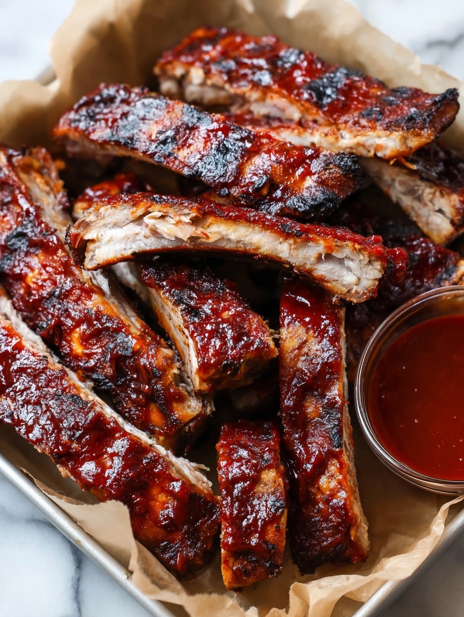 The image shows a tray lined with wrinkled white parchment paper holding many pieces of grilled ribs. The ribs have a shiny, dark reddish-brown sauce coating with a slightly charred, crispy texture on the edges. The meat inside looks juicy with a light tan color. On the right side of the tray, there is a small clear glass cup filled with thick reddish-brown barbecue sauce. The background is a white marbled surface. photo taken with an iphone --ar 2:3 --v 7