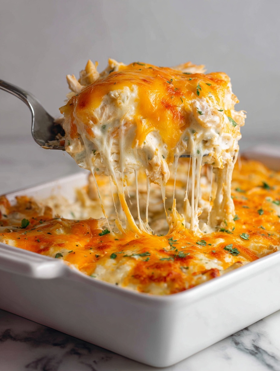 A white rectangular dish holds a creamy, cheesy casserole with visible layers: the bottom layer is shredded chicken in a white creamy sauce, topped with melted cheddar cheese in bright orange, which stretches as a spatula lifts a portion. The chicken is tender with loose fibers mixed in the sauce, and the cheese layer looks smooth, rich, and melted, covering the dish evenly. The background is a white marbled surface. photo taken with an iphone --ar 2:3 --v 7