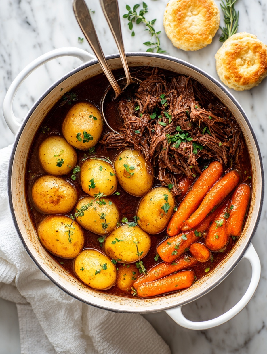A white pot filled with shredded brown meat in the center, surrounded by whole small light brown potatoes and thick orange carrot sticks. The meat looks tender and moist, resting in a dark brown sauce that fills the bottom. Two light-colored spoons are inside the pot, one dipped into the meat and the other resting on the edge. The pot is placed on a white cloth on a wooden table with some green sprigs of herbs and two light biscuits partially visible near the top right corner. The photo has soft natural light and a cozy, rustic feel. photo taken with an iphone --ar 2:3 --v 7