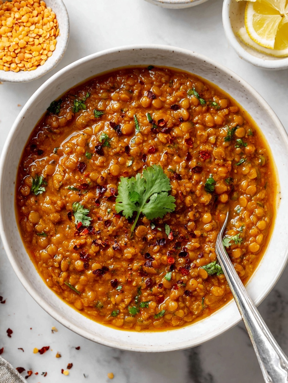A white bowl filled with thick orange-brown lentil stew with visible cooked lentils and small chunks of vegetables mixed inside. The stew is topped with a sprinkle of red chili flakes and a fresh green cilantro leaf in the center. A metal spoon is placed inside the bowl on the right side. Around the bowl, there are small white bowls, one with pale yellow lemon wedges and another with small round yellow lentils, all on a white marbled surface. A striped beige and white cloth is placed near the bowl. photo taken with an iphone --ar 2:3 --v 7